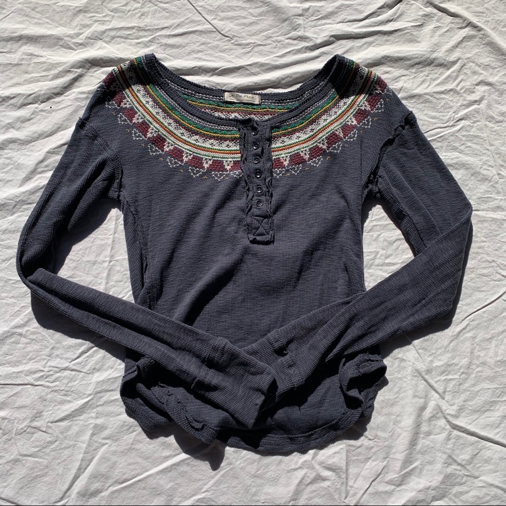 Free People Navy Longsleeve with Stitching Detail
